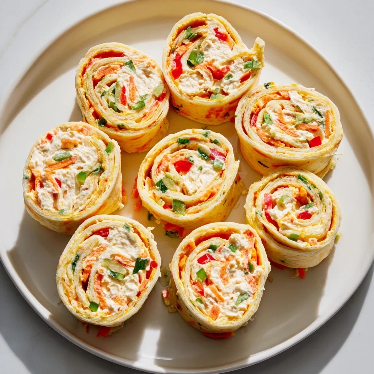 Festive Cozy Scarf Holiday Pinwheel Wraps, layered with colorful veggies, ready to enjoy at a party.