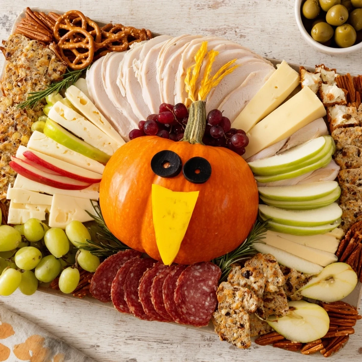 A visually appealing Wheat Field Thanksgiving Turkey Board loaded with cheese, meats, fruits, and nuts.