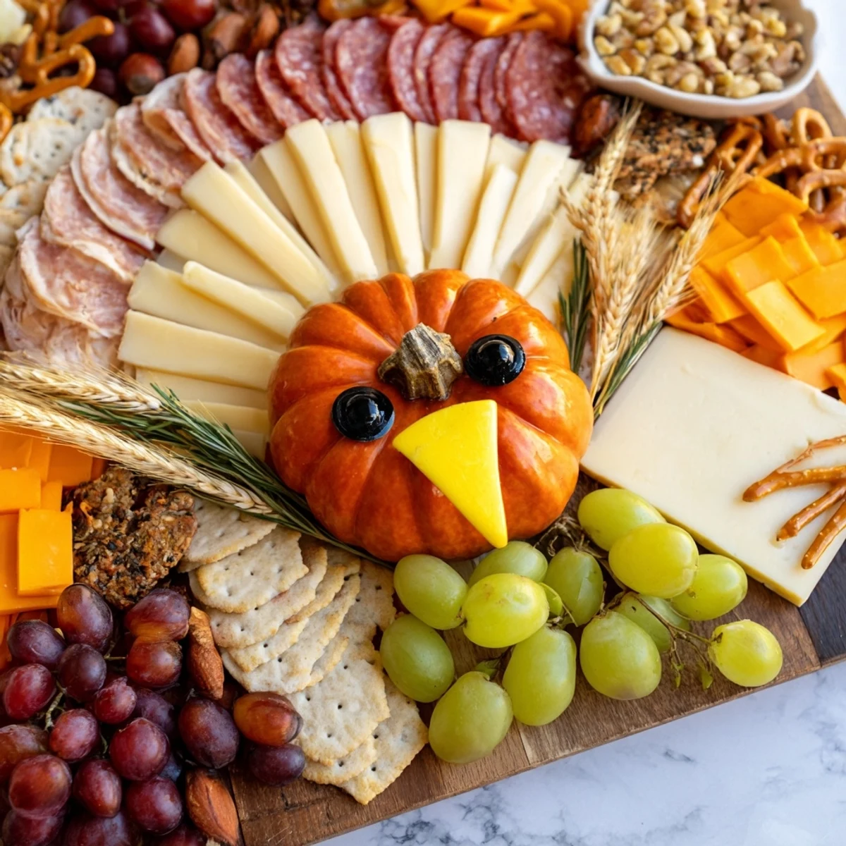 Deliciously arranged Thanksgiving Wheat Field Turkey Board featuring crackers, fresh grapes, and salty cured meats.