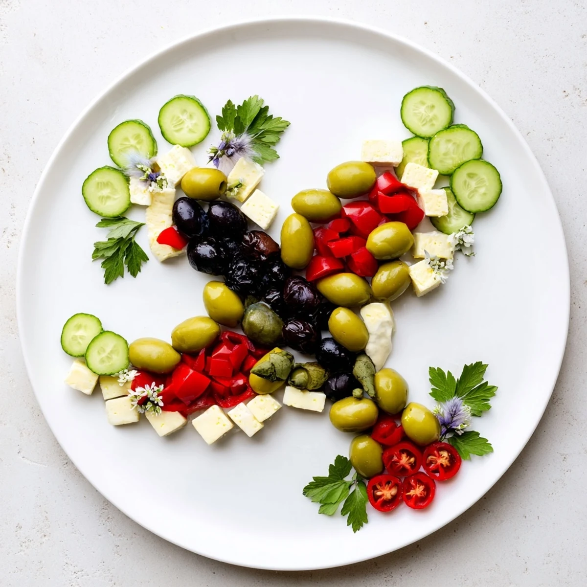 Beautiful Colombe de la Paix Olive Platter, arranged with olives, cheeses, and veggies for a festive appetizer.
