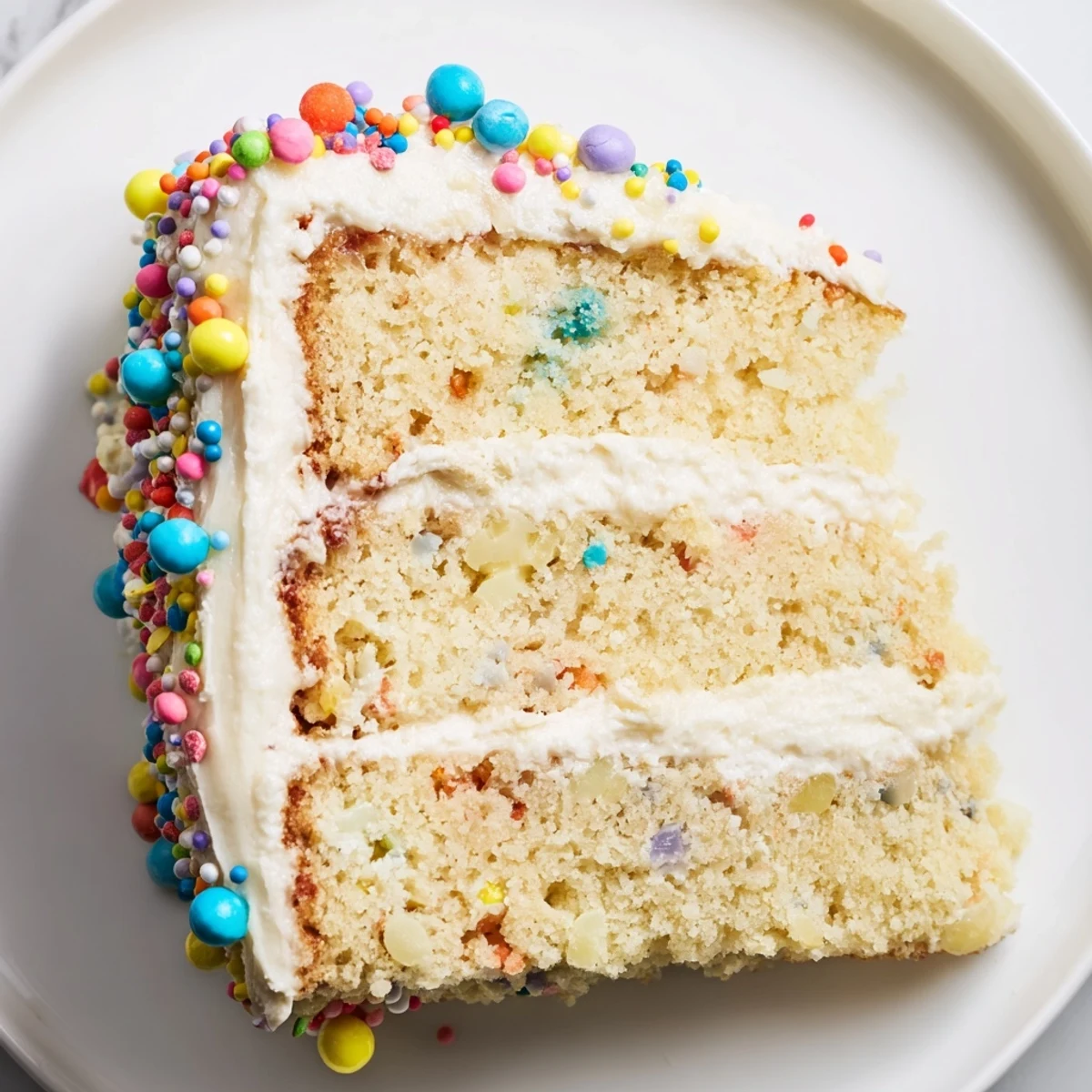 A single slice of Happy Birthday cake, richly frosted, covered in colorful sprinkles, ready to enjoy.