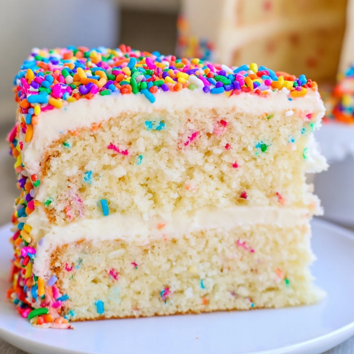 Close-up of a celebratory Happy Birthday cake slice with a generous frosting swirl and delightful sprinkles.