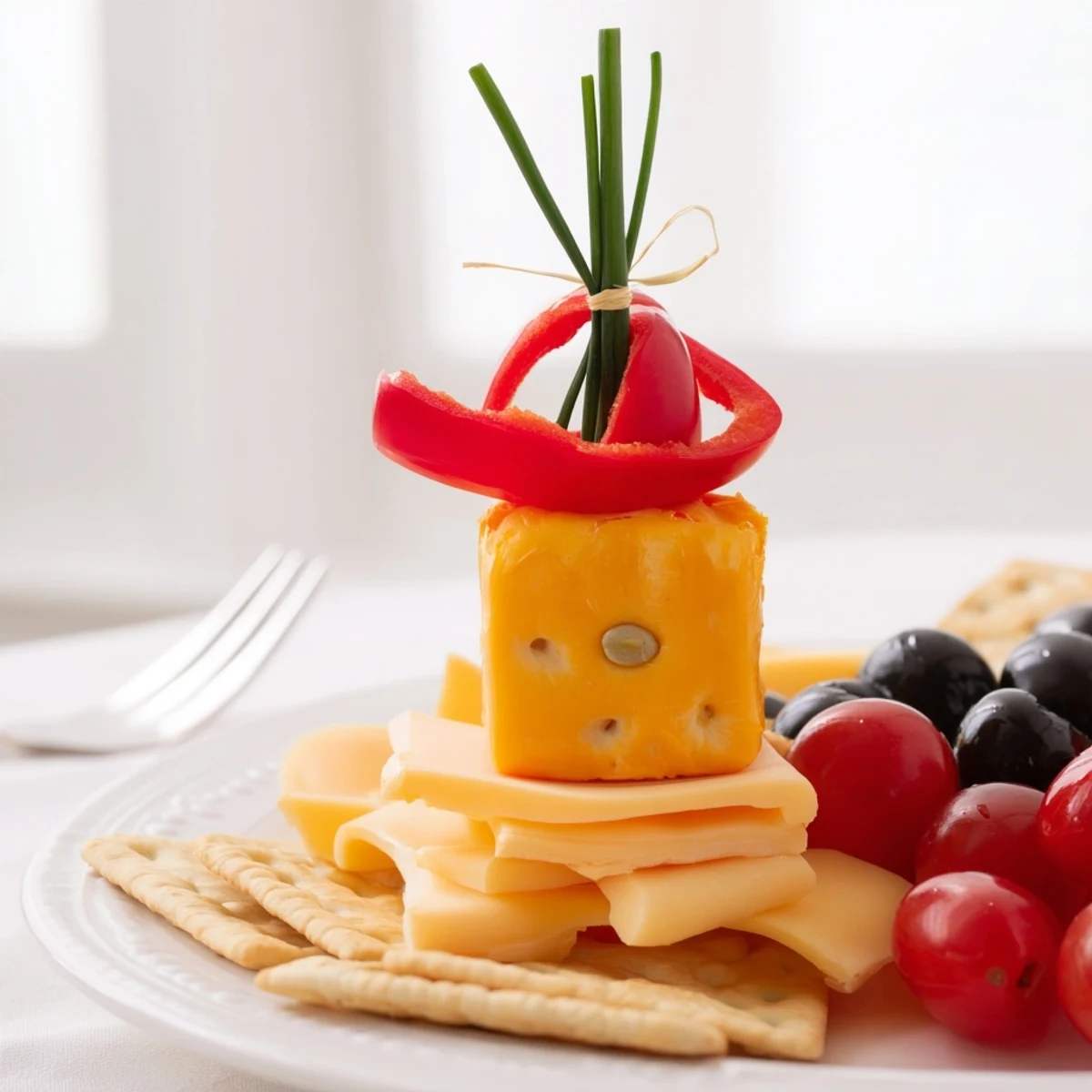 Graduation Cap Platter: A festive appetizer with a cheese base and vibrant veggie "mortarboard" arranged attractively.