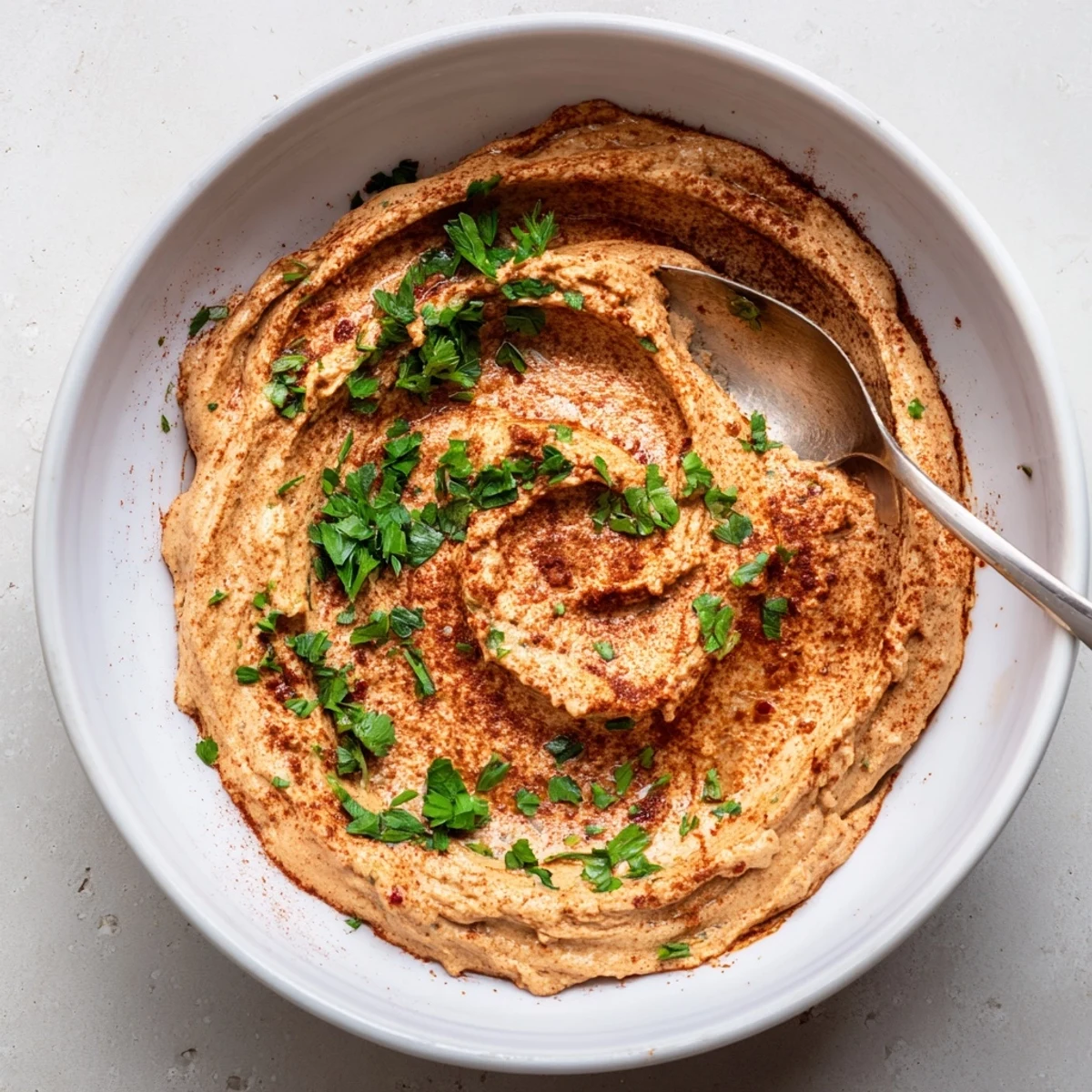 A vibrant bowl of Volcanic Lava Spicy Dip, garnished with cilantro, ready to serve with dippers.