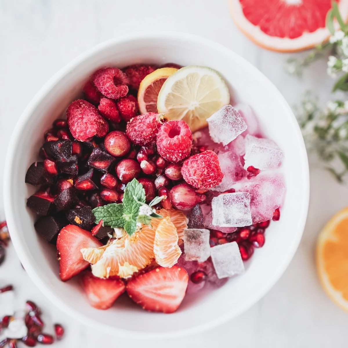 A colorful Champagne Bar Garnishes spread with fresh berries, citrus slices, and edible flower accents.