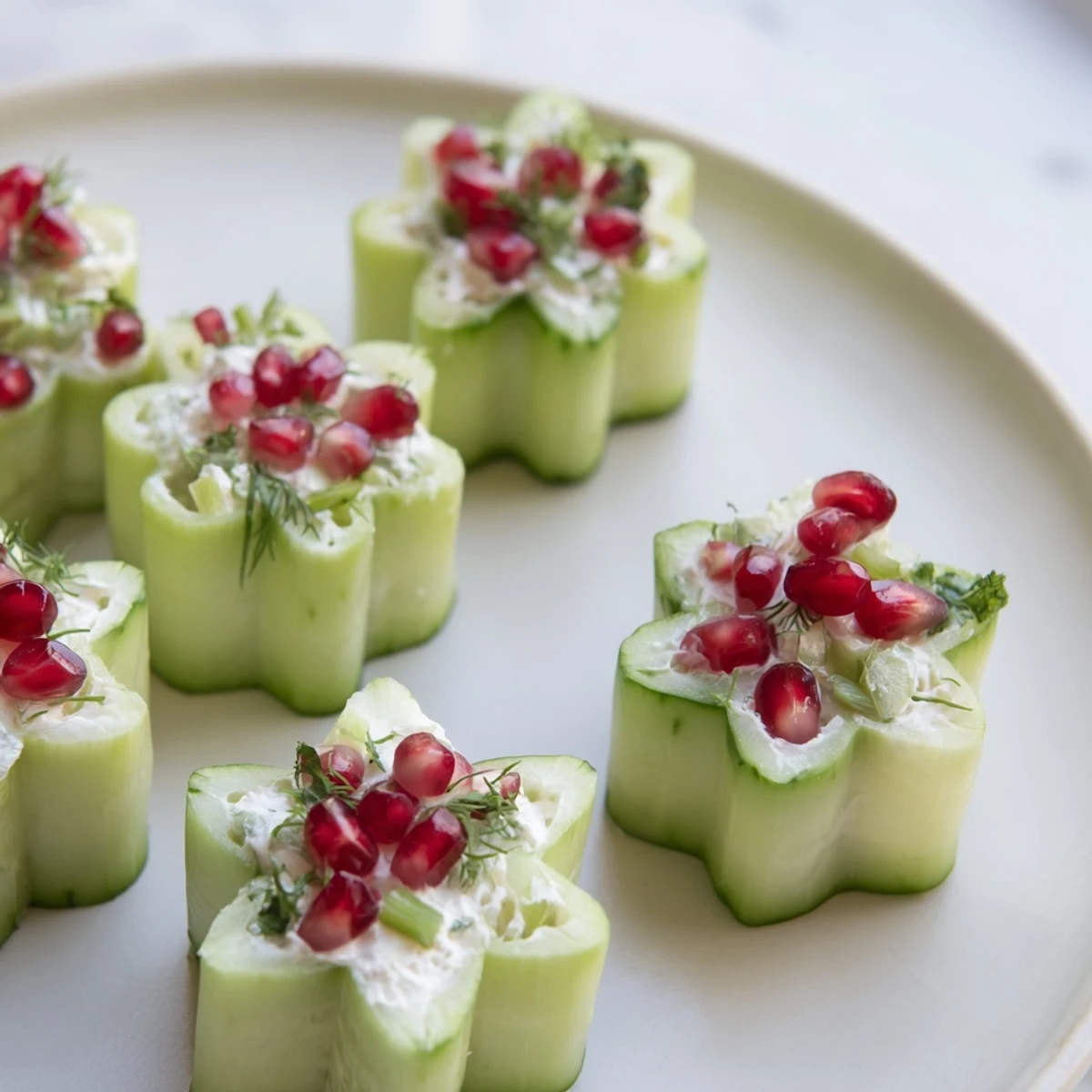 Crisp winter salad in snowflake cucumber cups, filled with creamy, tangy filling ready to serve.