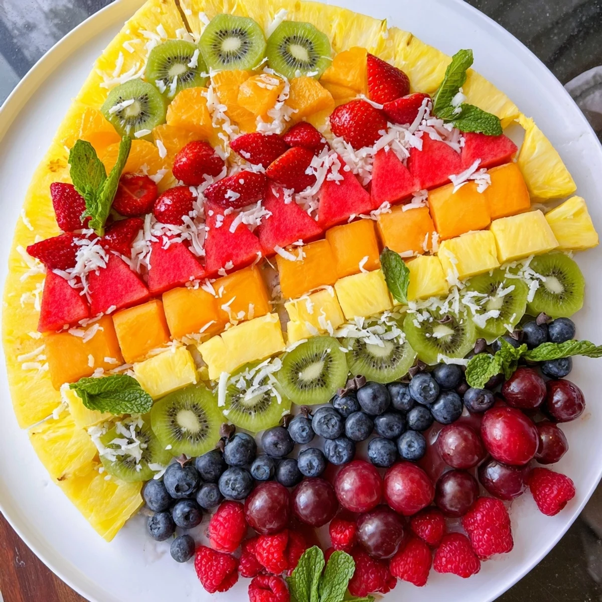 A colorful Birthday Board: Cake Slice, a fresh fruit platter with a "frosting" effect of coconut.