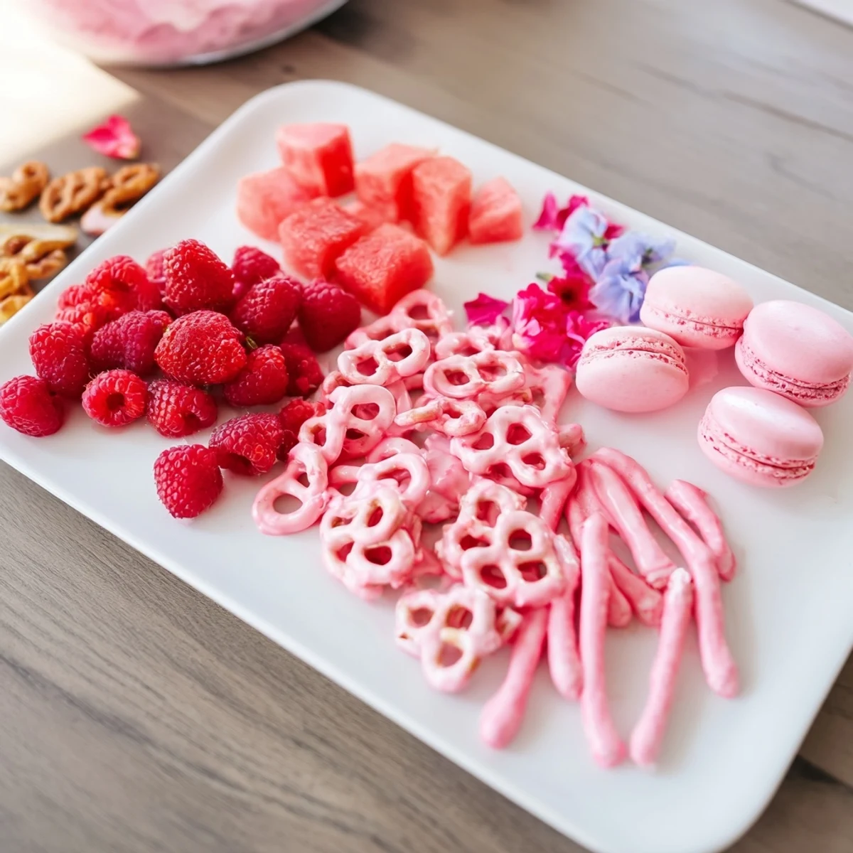 A vibrant baby reveal snack board featuring pink and blue treats like macarons and pretzels.