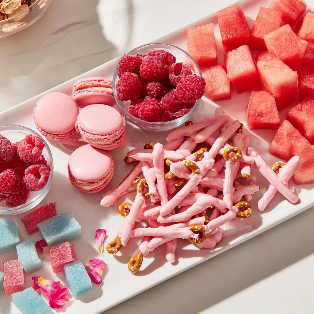 This festive snack board for a baby reveal displays sweet and savory options around the board.