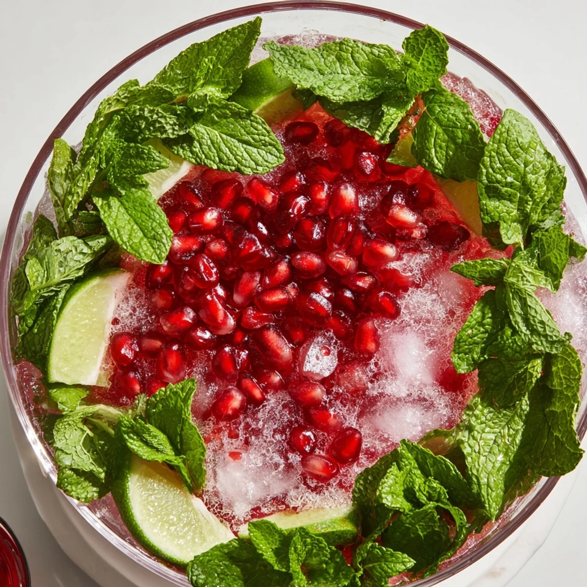 Easy to make pomegranate and mint wreath recipe with sparkling juice, creating a refreshing, celebratory experience.