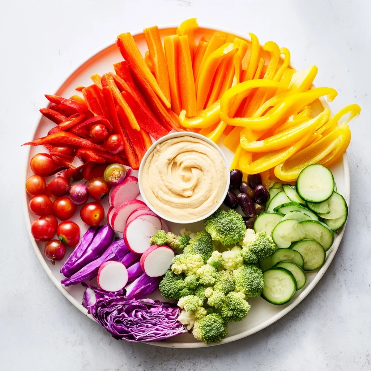 The delicious Colorful Vegetable Rainbow Board with a colorful assortment of fresh veggies, great for parties and healthy eating.