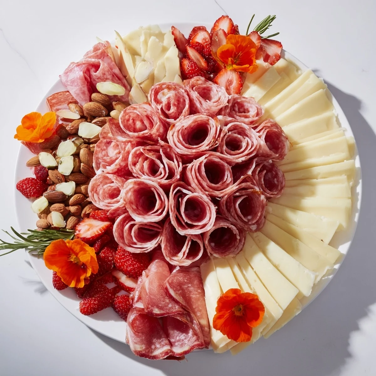Meat and Cheese Rose Garden Board with salami and cheese; a delicious party appetizer.