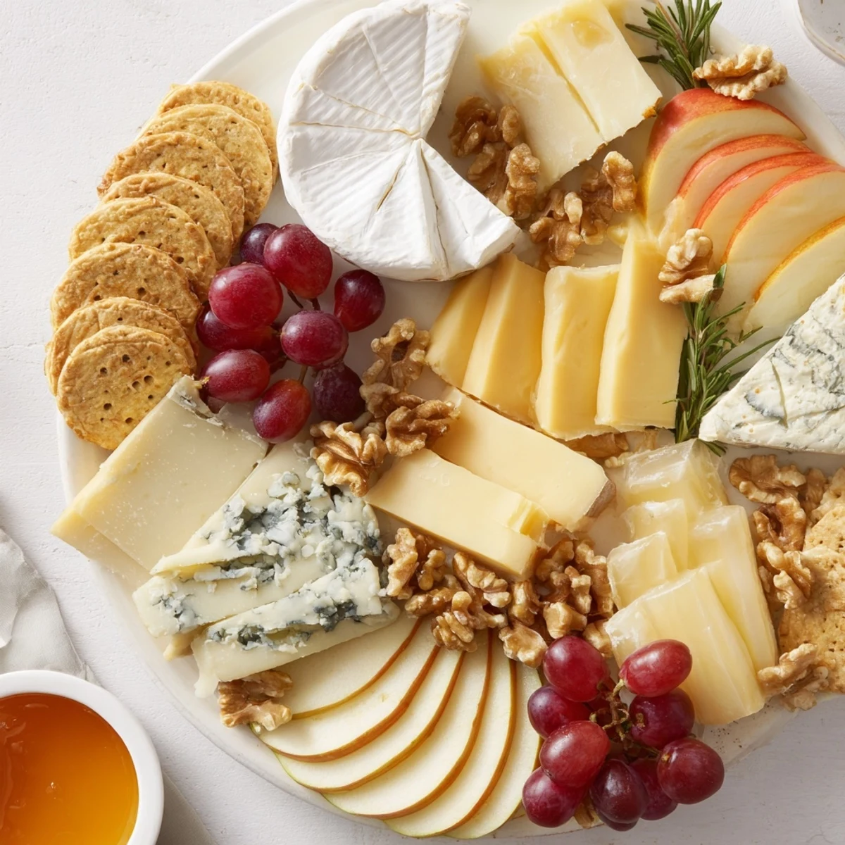 A beautiful cheese plate with assorted cheeses, cracker rings, and fresh fruit, ready to serve.
