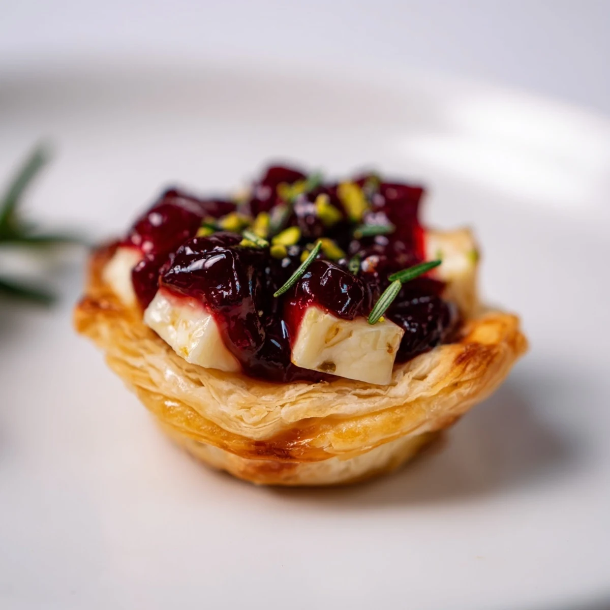 Golden, flaky Mini Cranberry Brie Tart Wreath with melting cheese and vibrant cranberry topping.