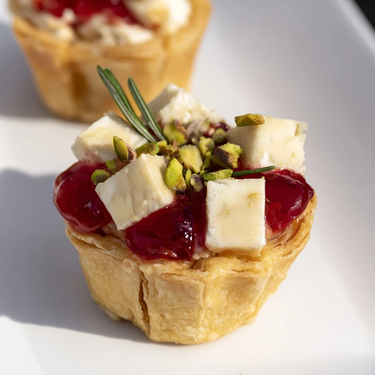 A beautiful close-up of a festive Mini Cranberry Brie Tart Wreath, perfect for holiday appetizers.
