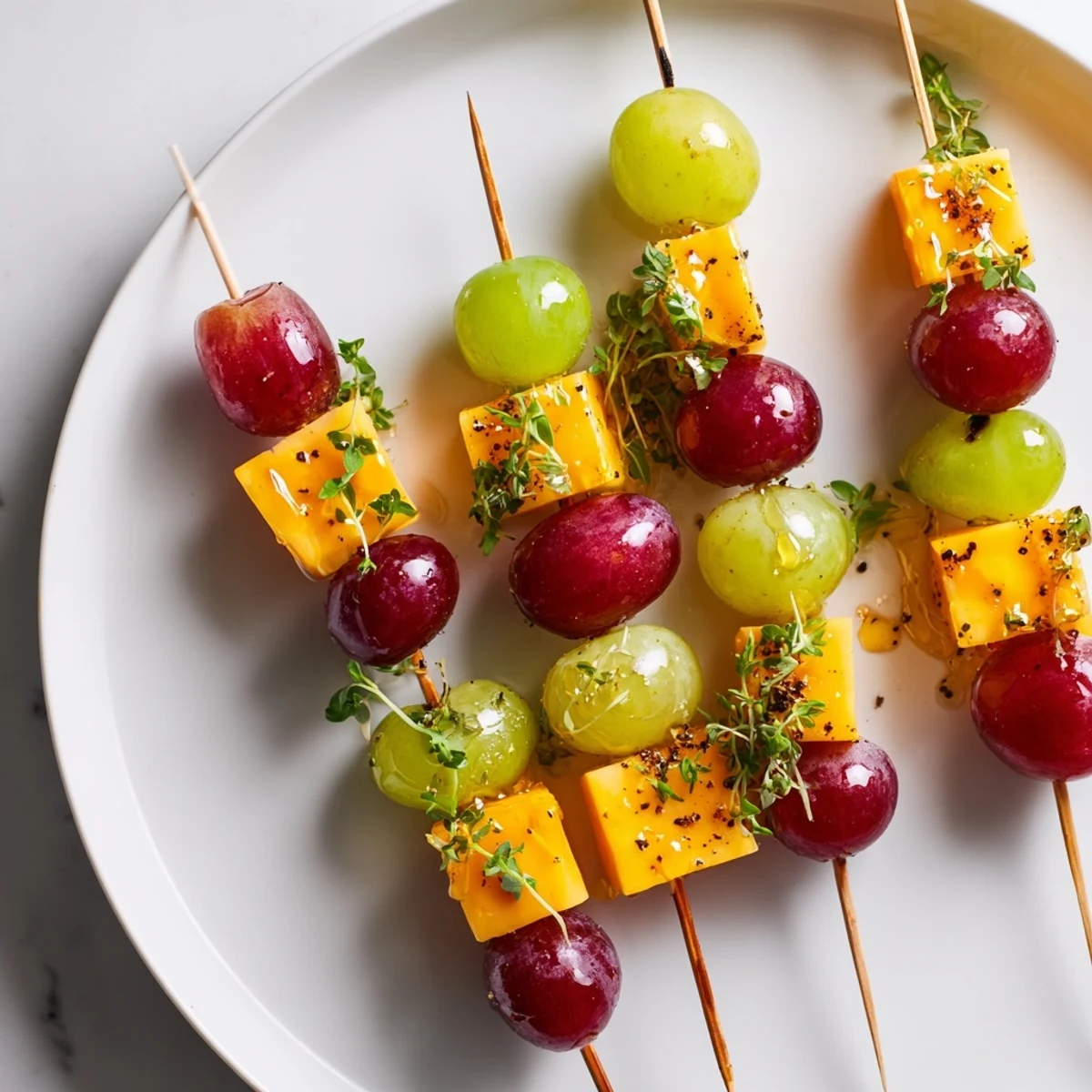 Sparkling Grape and Cheese Skewers: vibrant, colorful appetizer perfect for New Year's, featuring grapes and cheese.