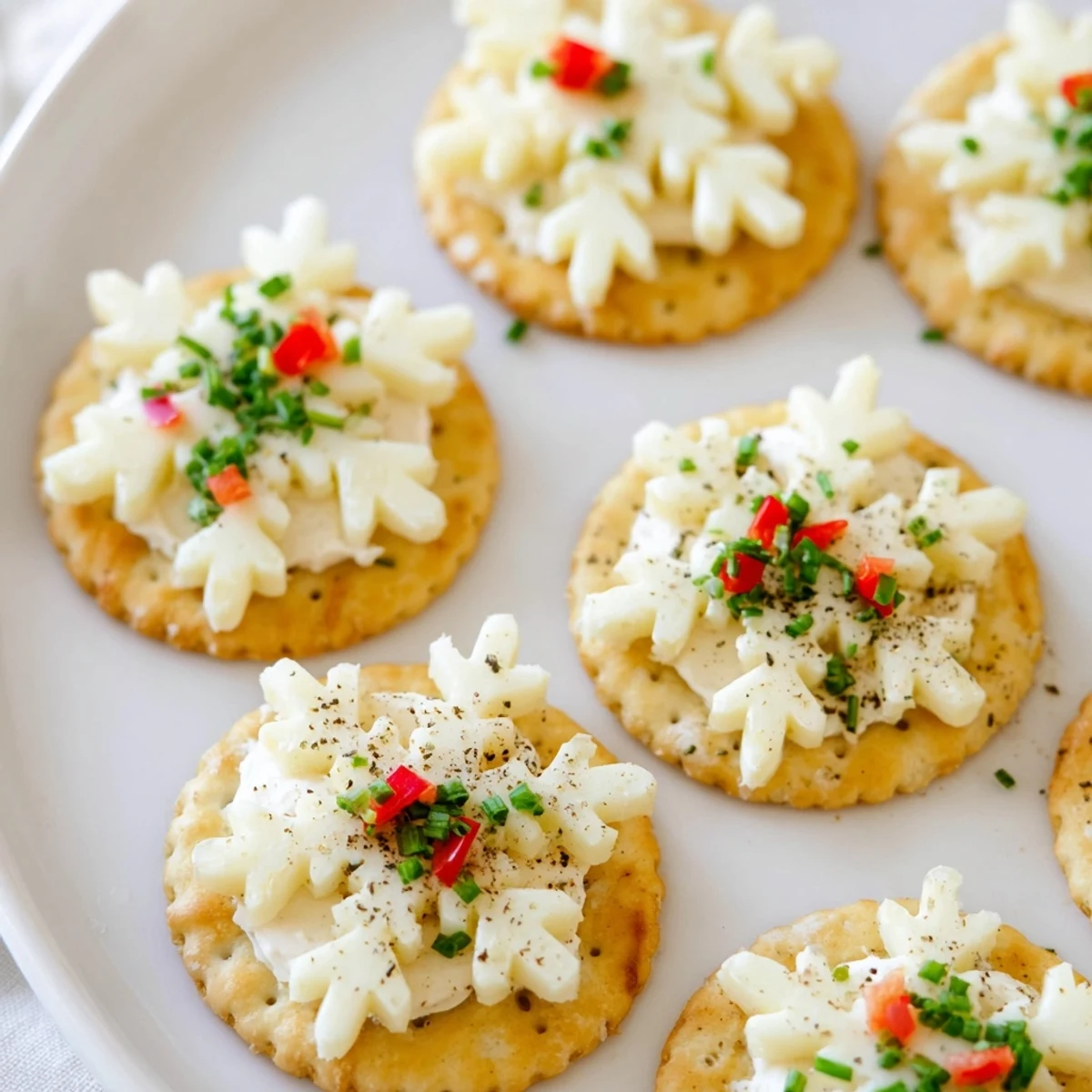 Delicate cheese snowflake designs top the savory crackers, an easy and elegant appetizer.