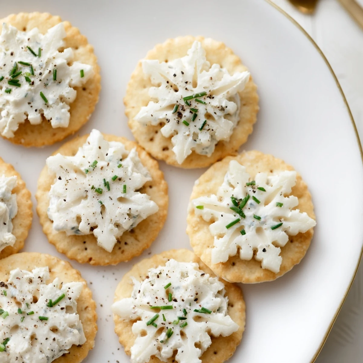 Crisp crackers hold creamy cheese snowflakes, making a lovely bite-sized appetizer.