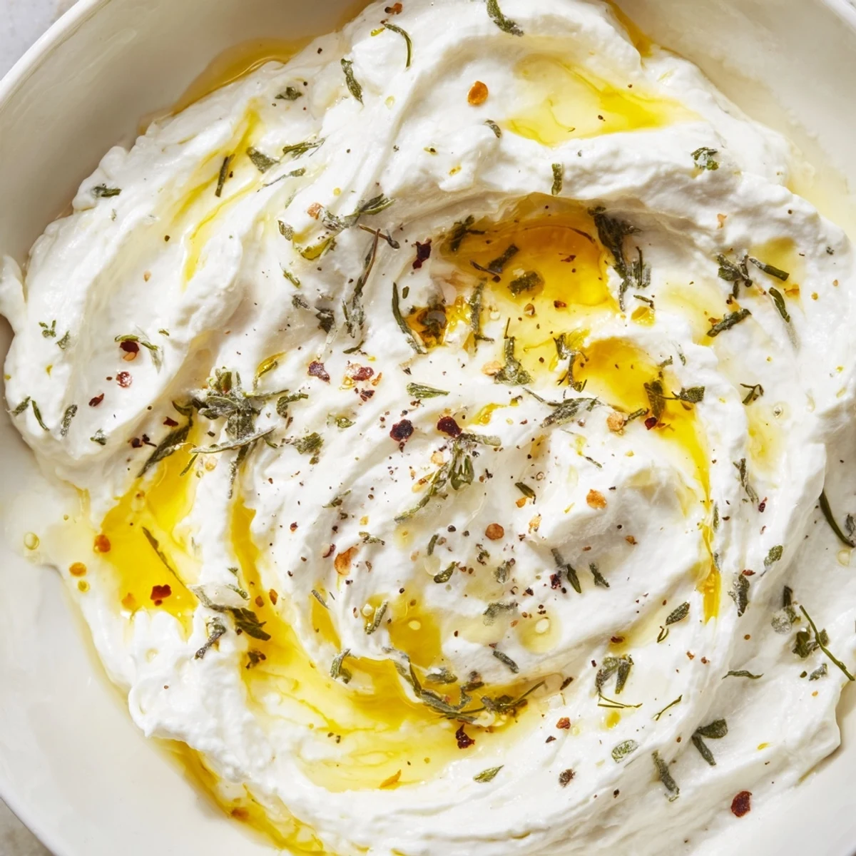 Bright white Angel Wings Whipped Feta Dip, tantalizing with fresh herbs and a drizzle of honey.
