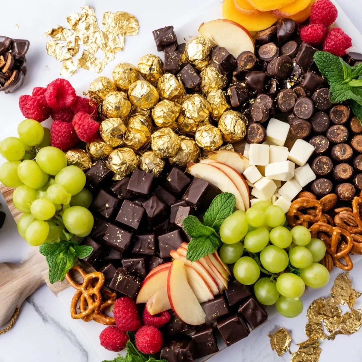 New Year's chocolate board glistening with gold foil-wrapped chocolates, fresh fruit, and crunchy nuts.