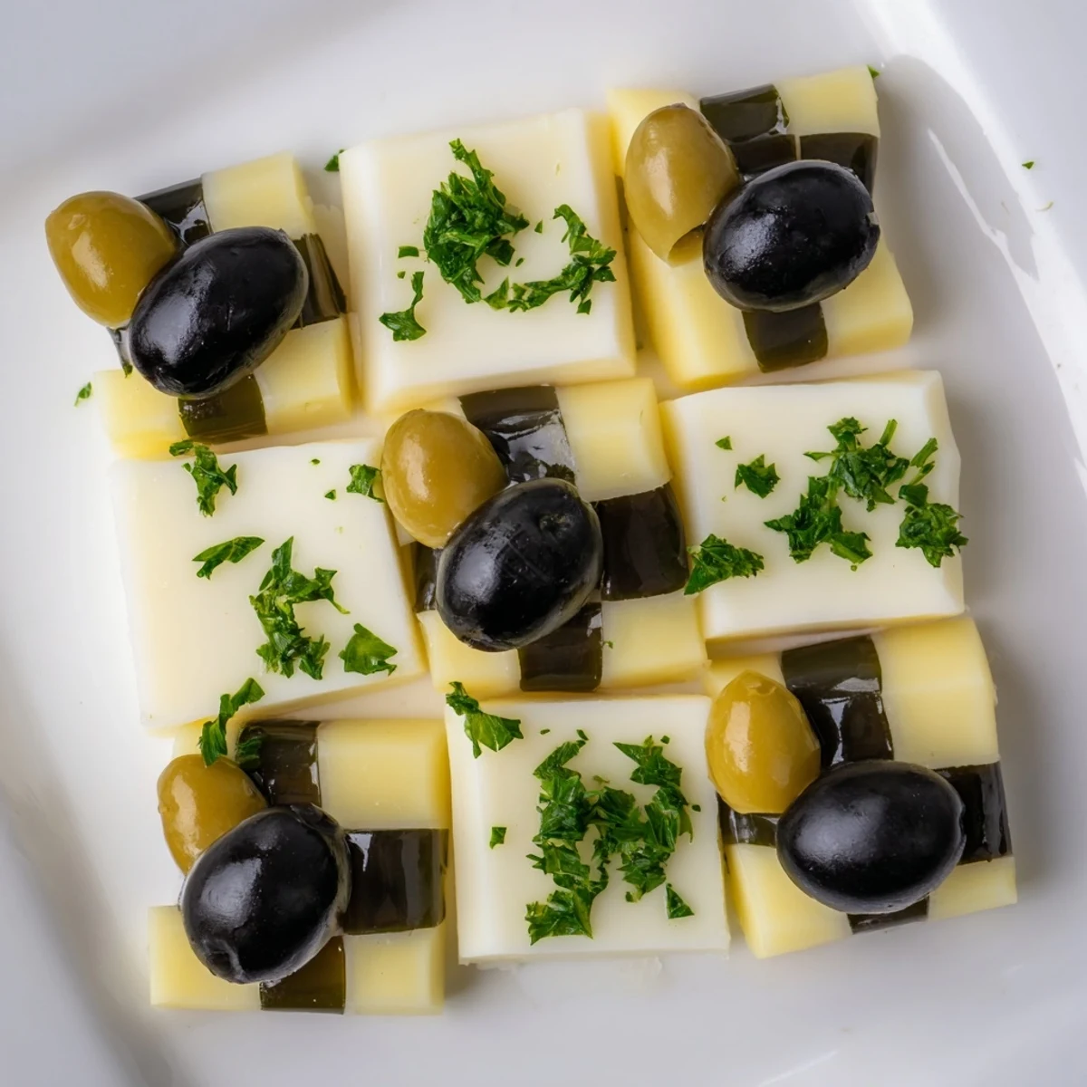 This savory Cheese and Olive Chess Board features vibrant black and green olives alongside creamy cheeses.