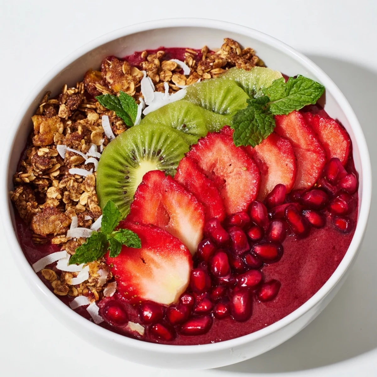 Festive Red and Green Smoothie Bowls, layered beautifully with fresh berries, coconut and granola toppings.