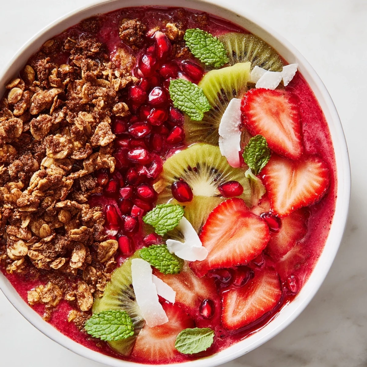 Vibrant Festive Red and Green Smoothie Bowls, a delicious breakfast with creamy red and green layers and fruit.