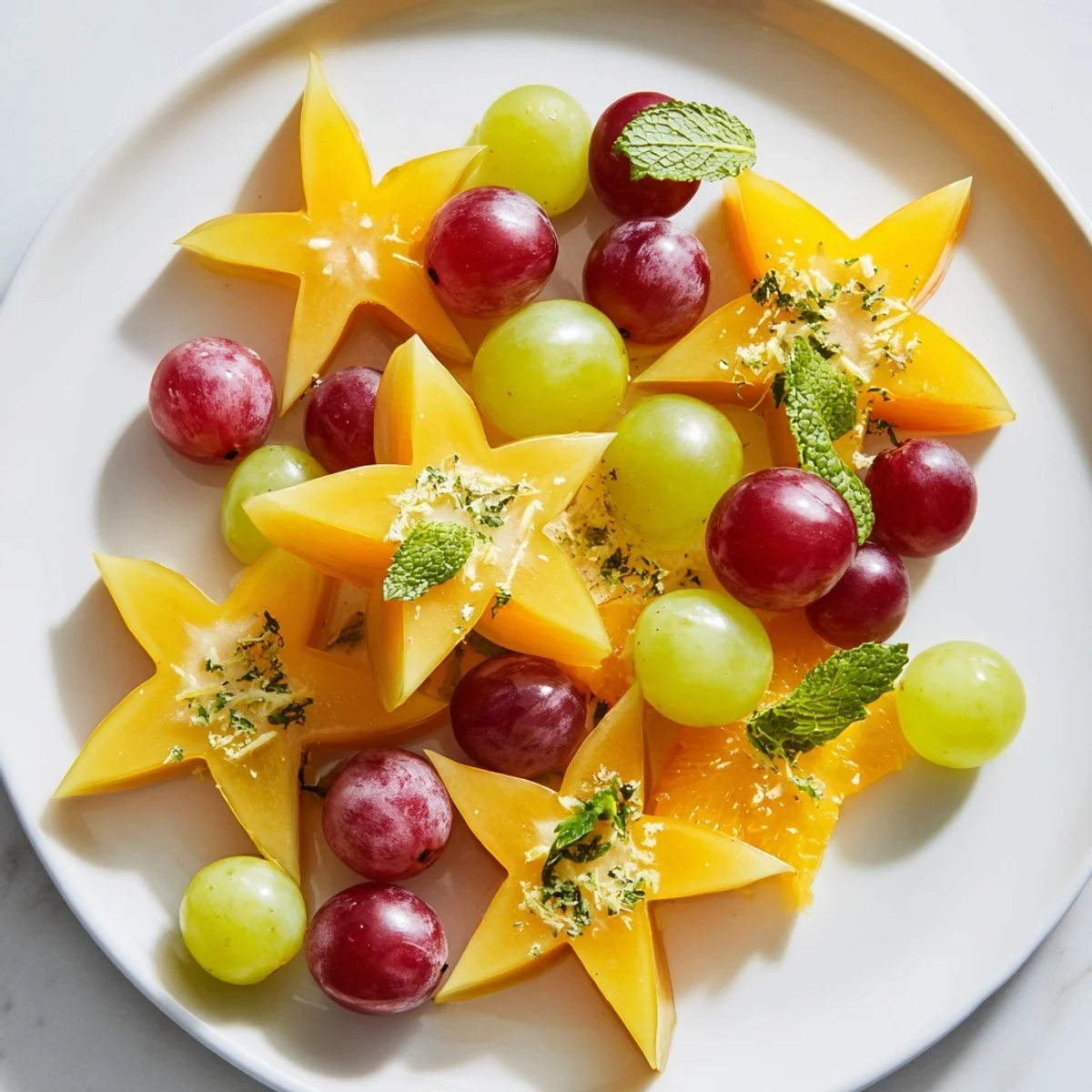 Sliced starfruit and grapes create a colorful, refreshing garnish for brunch dishes, ready to enjoy.