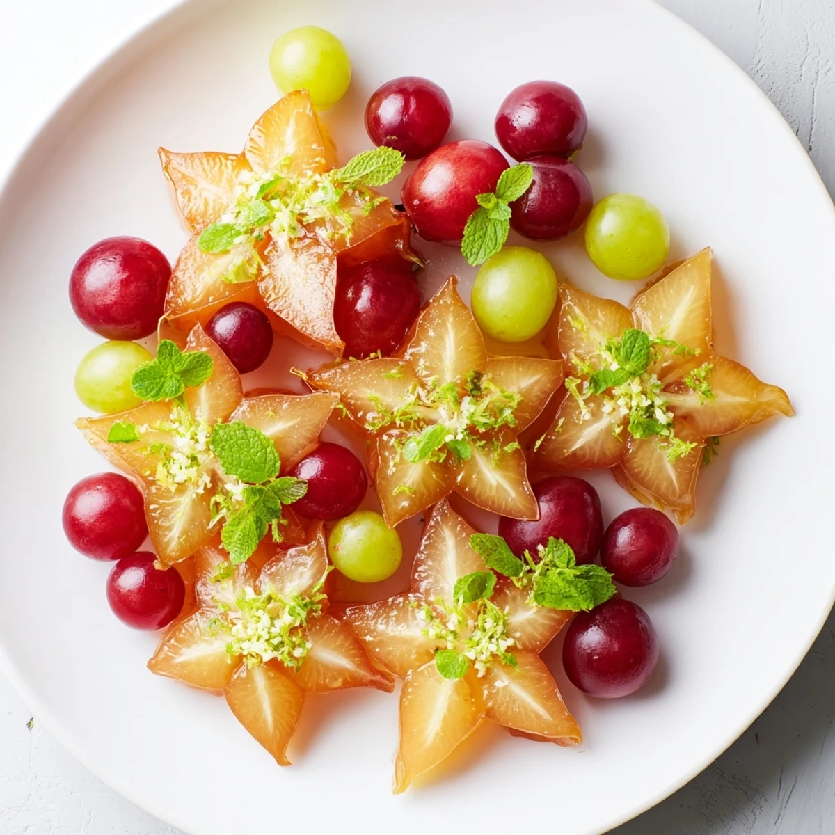 Fresh, sliced starfruit and plump grapes offer a vibrant, sweet taste as a beautiful brunch garnish.