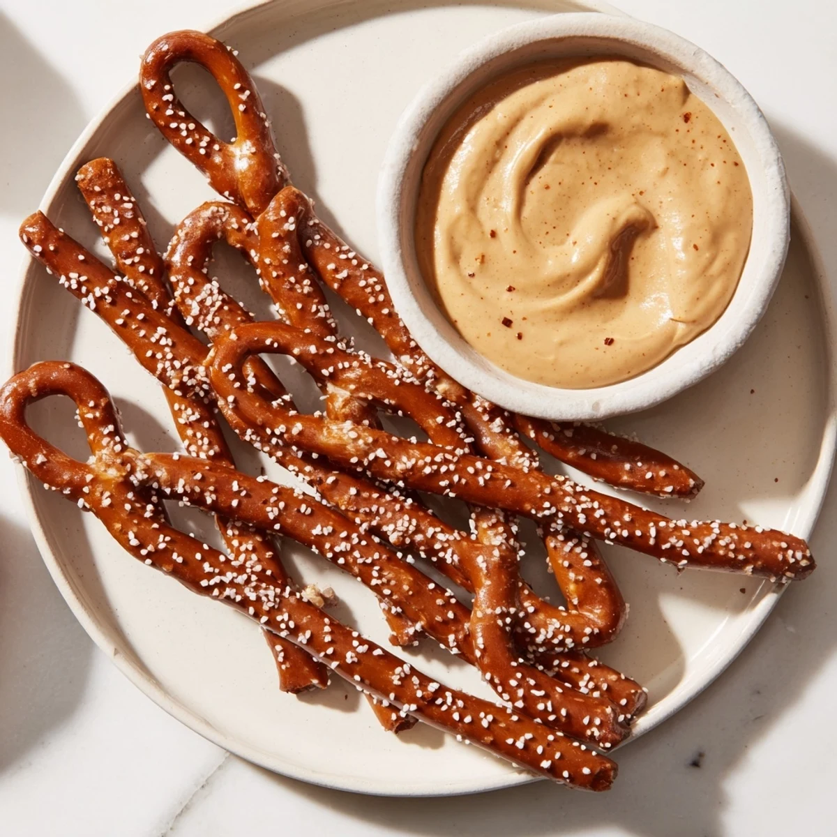 Crispy pretzel rods ready to dip, served with homemade vibrant hot mustard for perfect snacking.