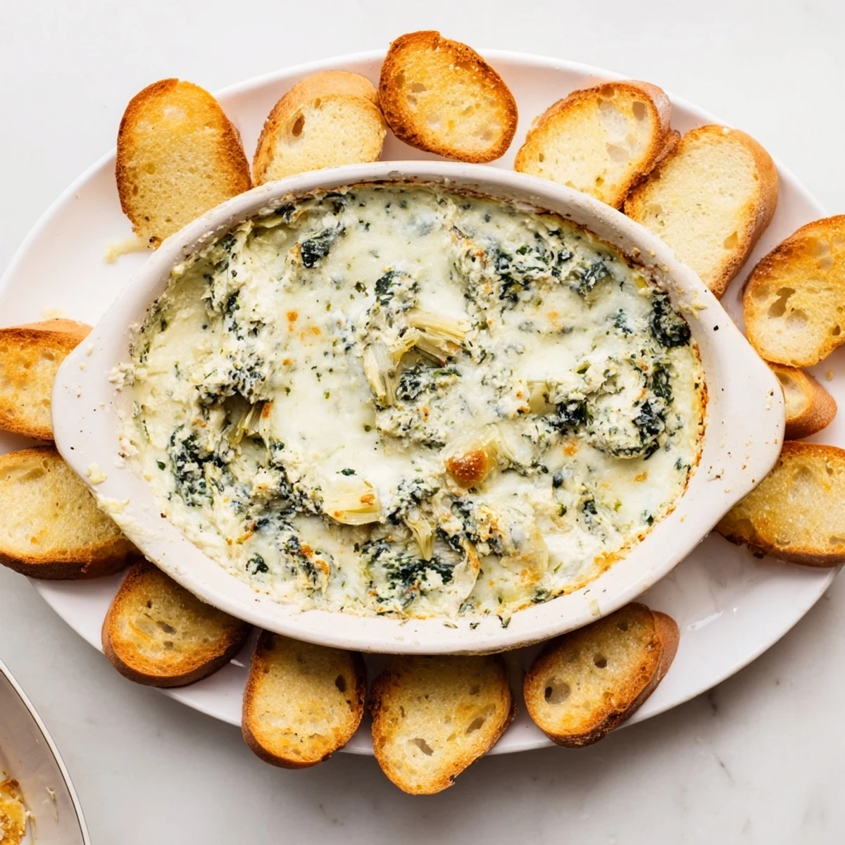 Creamy spinach artichoke dip, bubbling hot and served with golden toasted baguette slices.