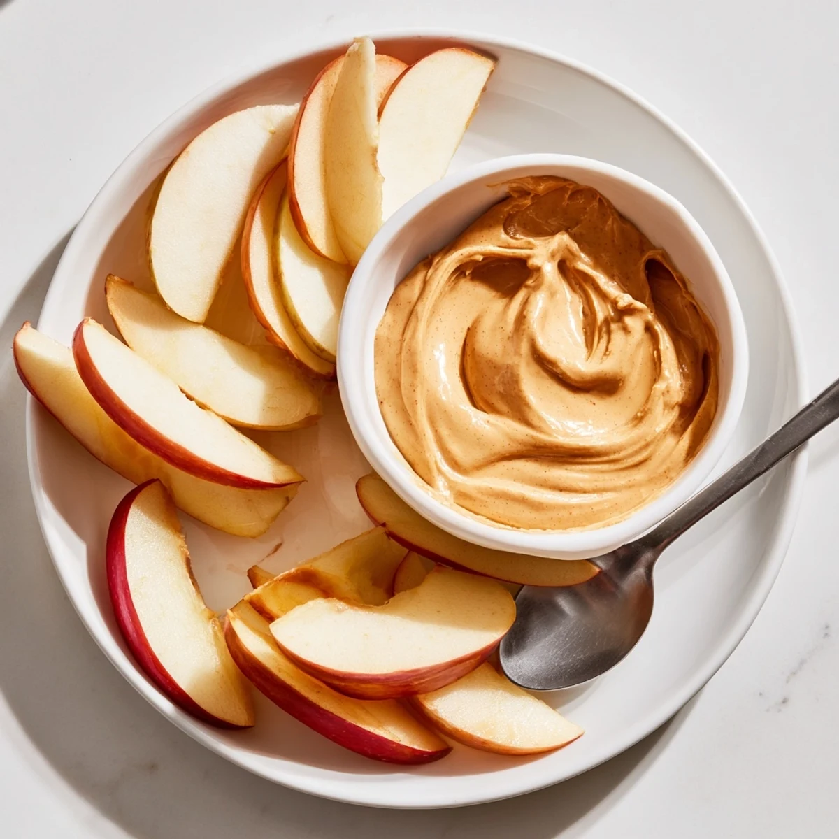 Freshly sliced apples arranged beside a small bowl of homemade peanut butter dip.