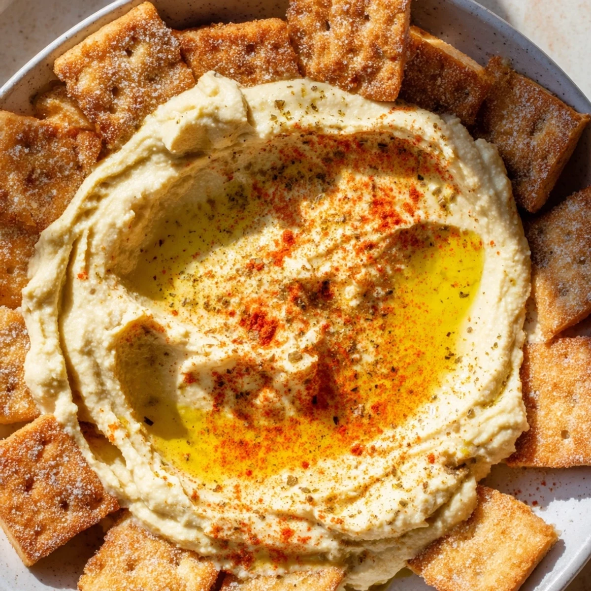 Crisp Holiday Crackers offer a delightful pairing with smooth hummus, ready for a delicious bite.