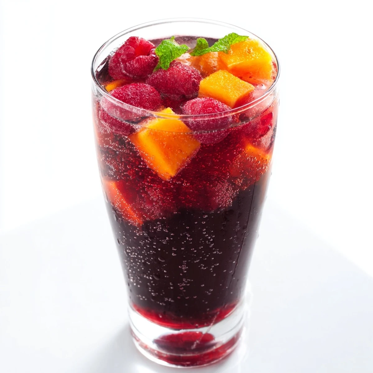 Vibrant sparkling juice with raspberries, adorned with orange slices and mint, ready to serve cold.