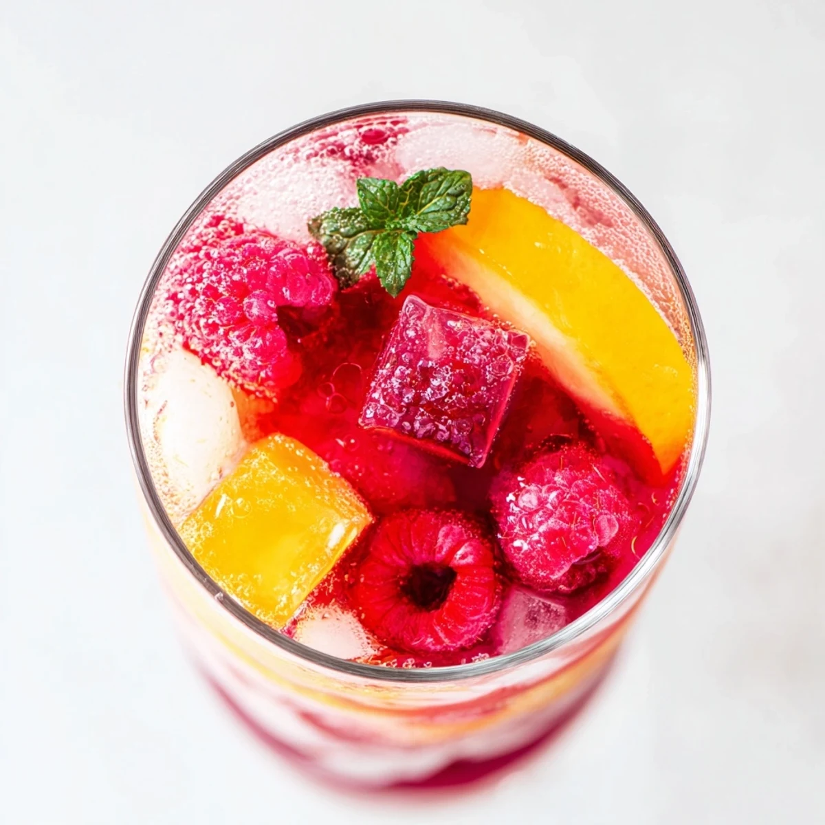 Brightly colored glasses filled with refreshing sparkling juice with raspberries, a non-alcoholic treat.
