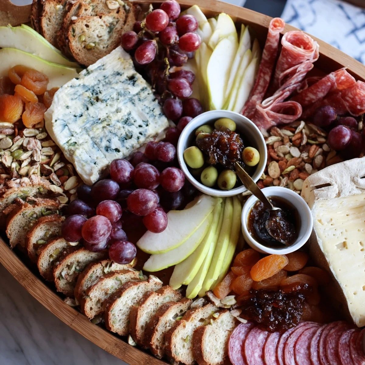 Elegant Gilded Edge cheese board: a close-up revealing artisan cheeses and charcuterie arranged around the edge.