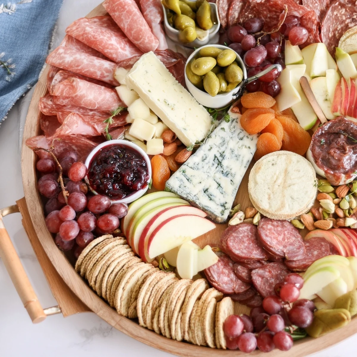 Festive Elegant Gilded Edge charcuterie and cheese board, ready to serve and creating a beautiful, edible edge.