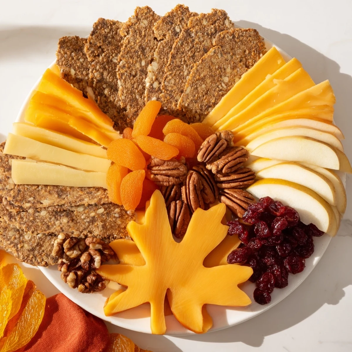 Thanksgiving Leaf Fall appetizer showing cheddar, gouda, and brie leaf-shaped cheeses alongside fruit.