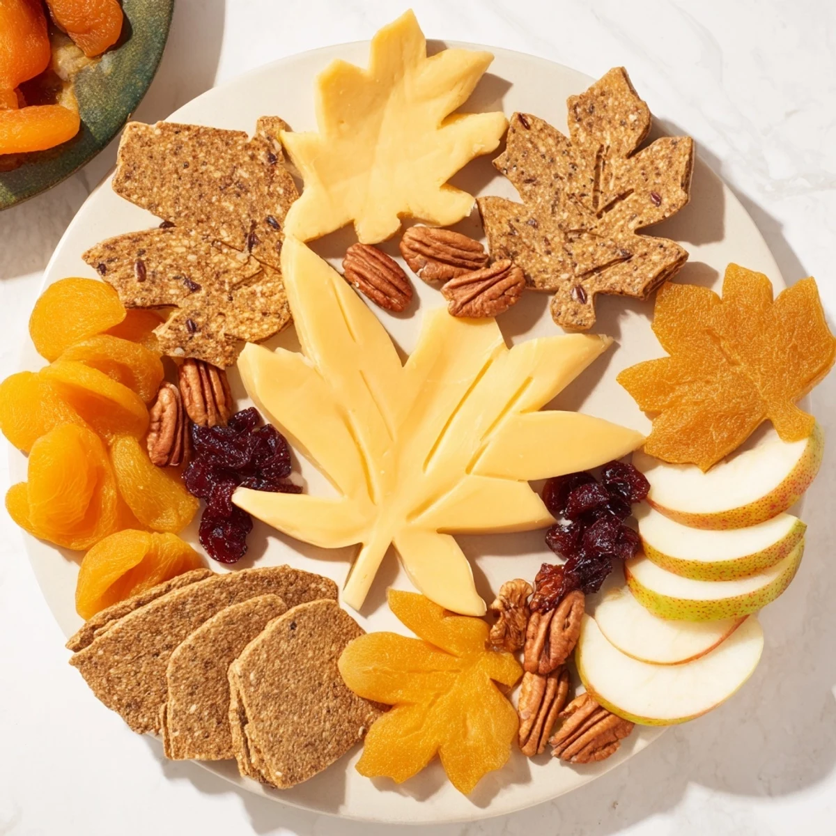 A colorful Thanksgiving Leaf Fall snack board with leaf-shaped dried fruits, ready to serve and share.
