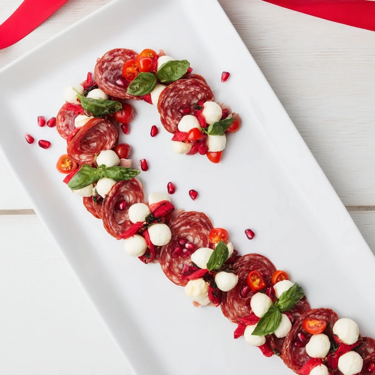 Festive holiday Candy Cane Zigzag charcuterie board with vibrant red and white ingredients ready to serve.