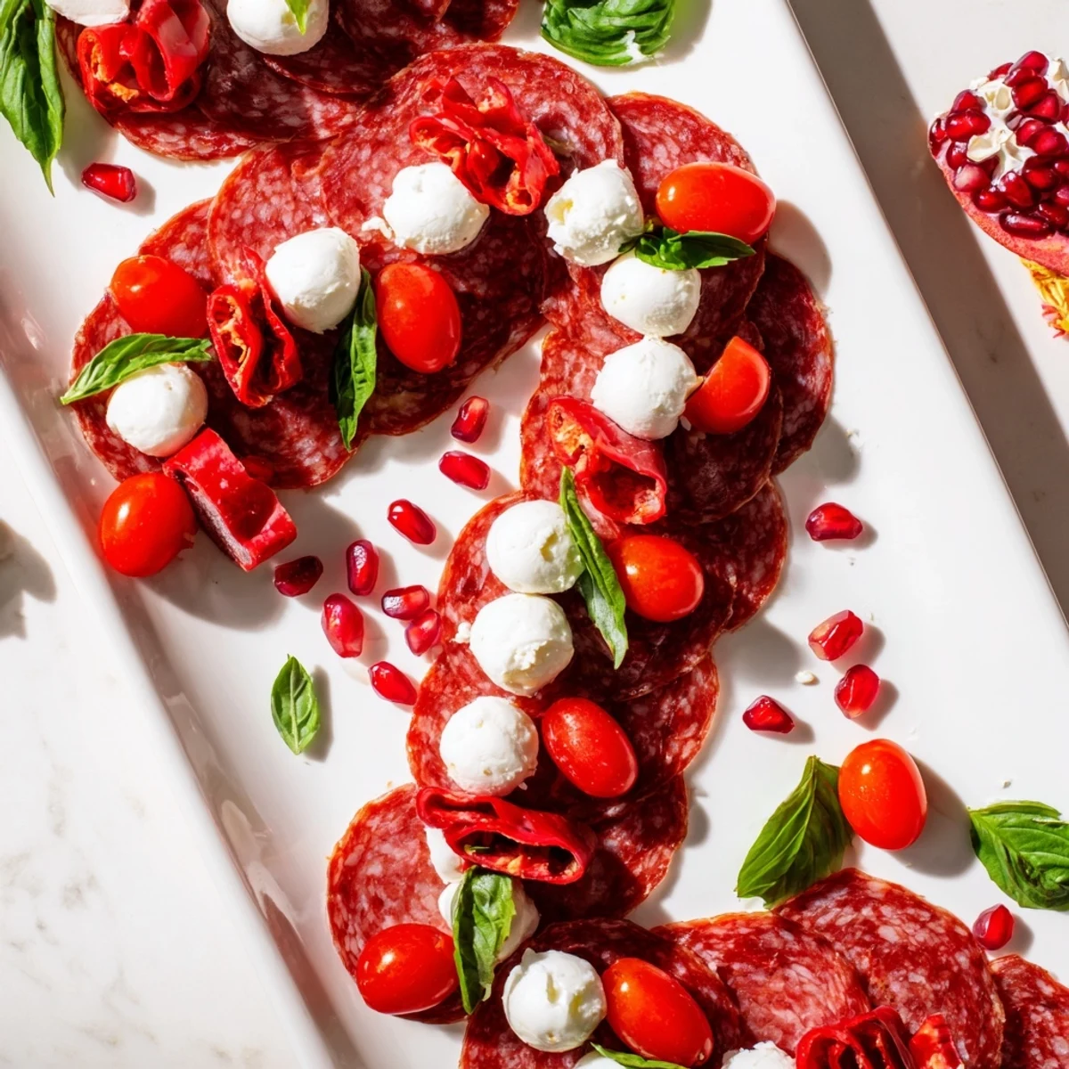 A stunning overhead view of a Candy Cane Zigzag charcuterie board featuring cheese, meats, and festive garnishes.