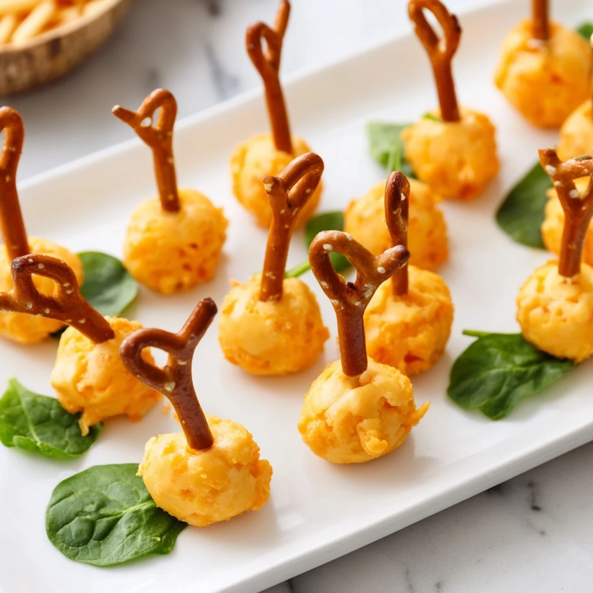 A visually appealing The Pumpkin Patch Grid, with rows of orange cheese ball "pumpkins" on a green bed.