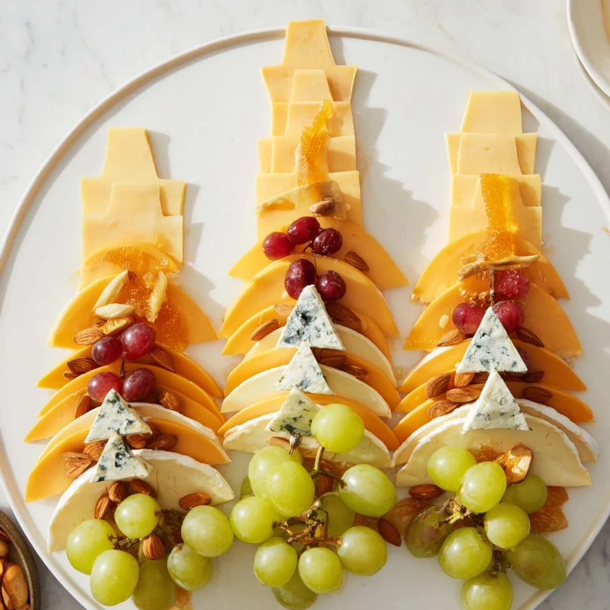 This Art Deco Arch Cheese Platter showcases a beautiful presentation of various cheeses and colorful fruits.