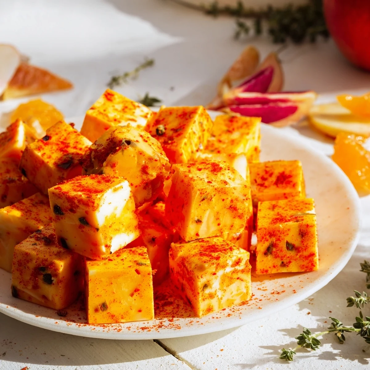 The Autumn Ember appetizer: Smoked paprika cheese cubes and vibrant red apple wedges mimicking glowing embers.