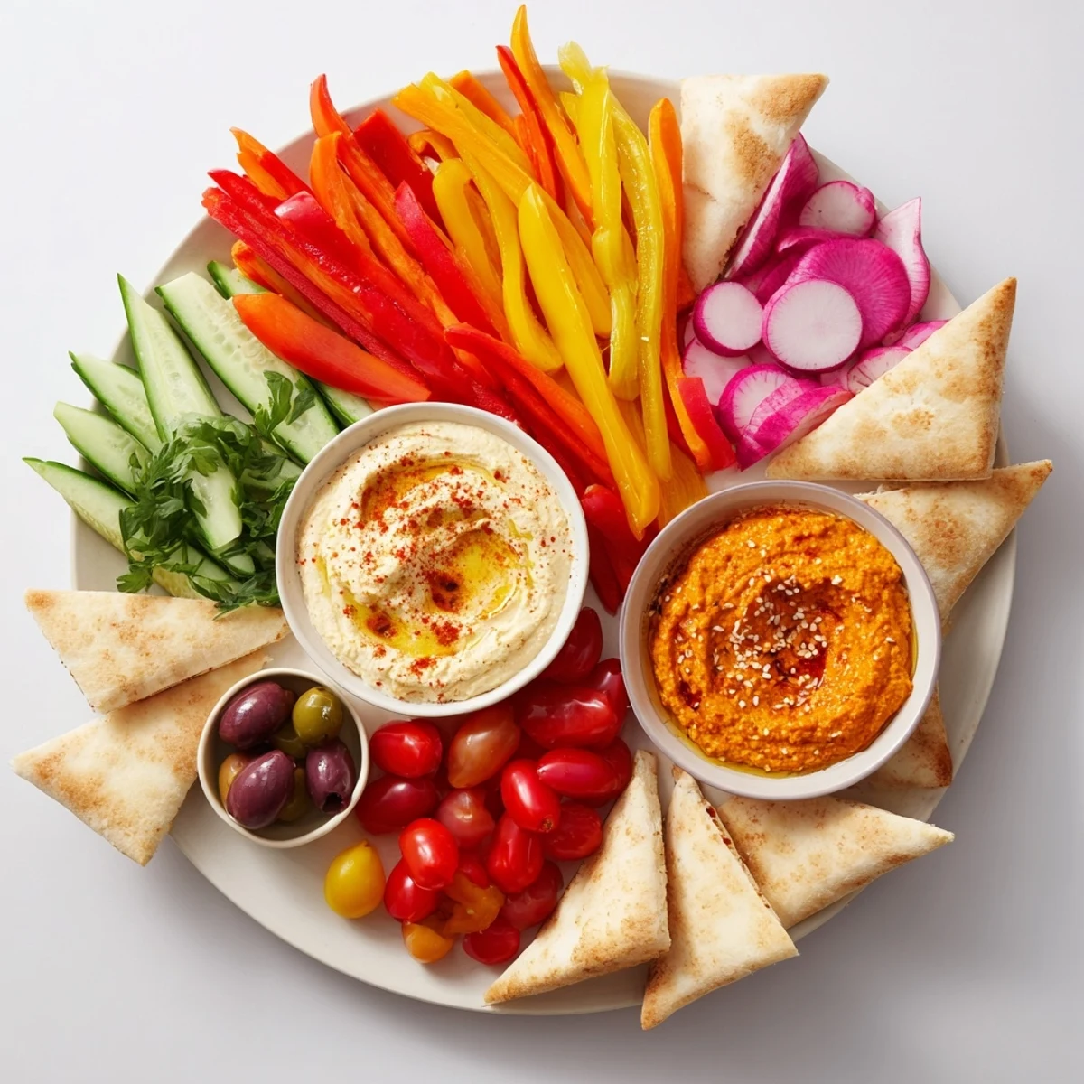 Moroccan Tent appetizer platter: Colorful vegetables, creamy dips, and warm flatbread ready to serve.