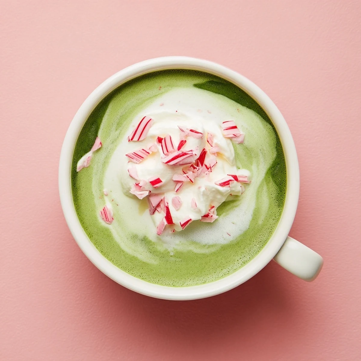 Steaming mug of Cozy Peppermint Matcha Christmas Latte topped with whipped cream and crushed candies.