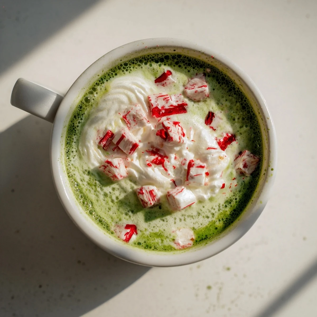 A festive, vibrant shot of homemade Cozy Peppermint Matcha Christmas Latte, perfect holiday flavor.