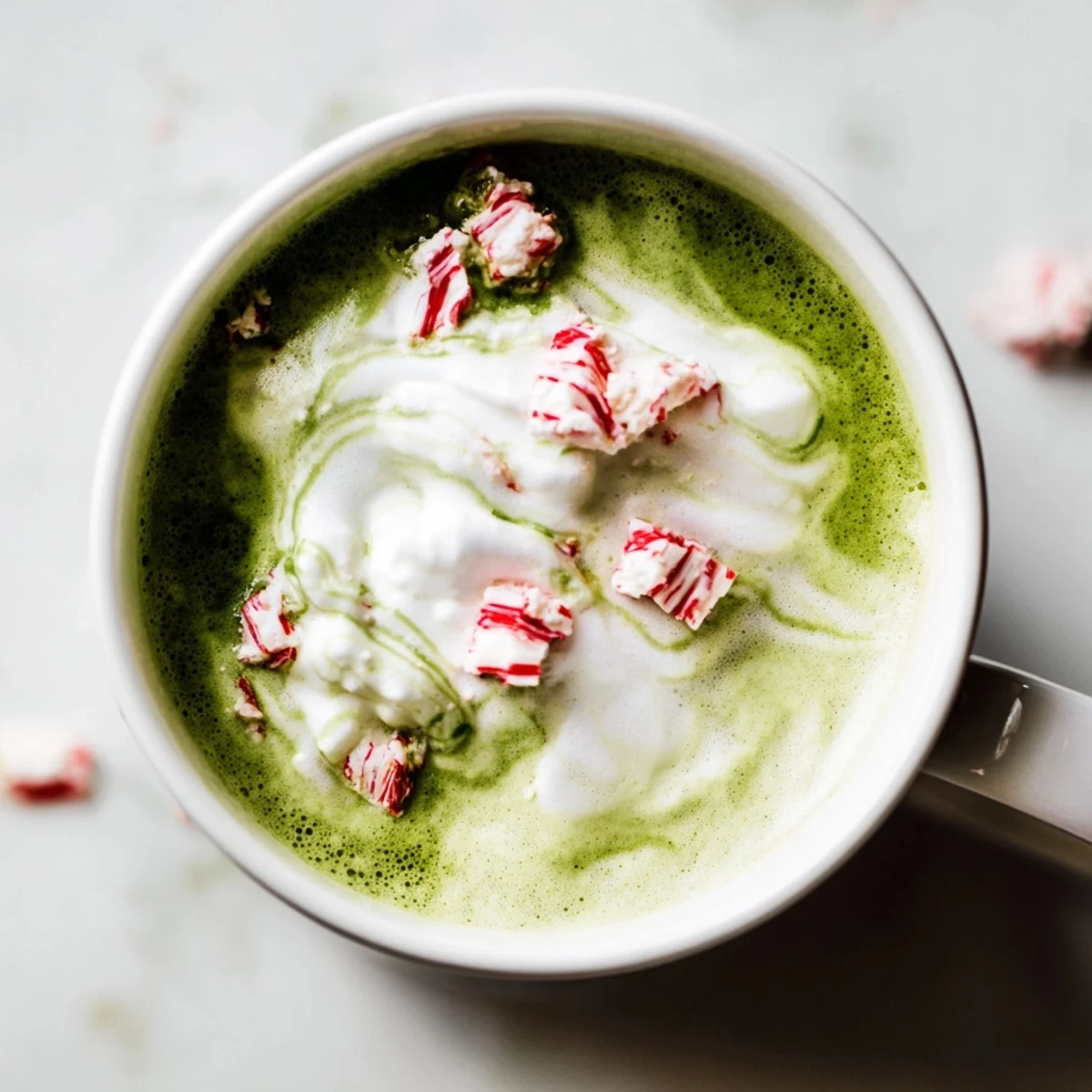 Enjoy a frothy, warm Cozy Peppermint Matcha Christmas Latte with visible matcha and peppermint swirls.