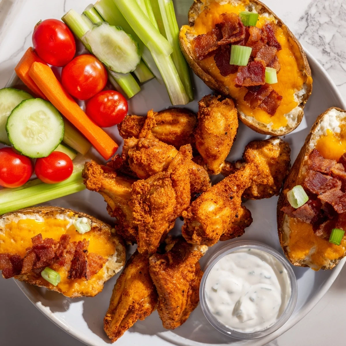 Touchdown Football Tailgate Spread: a visually appealing platter showcasing crispy wings, potato skins, and colorful veggies.