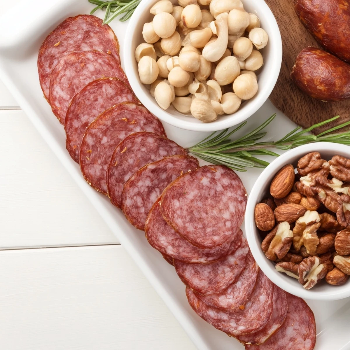 Elegant The Infinity Loop appetizer: salami artfully looped between bowls of nuts, inviting indulgence with its savory flavors.